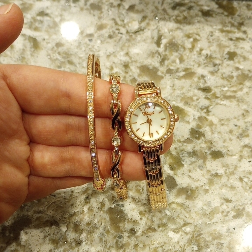 Rose Gold Watch and Bracelet Set with Crystal Accents